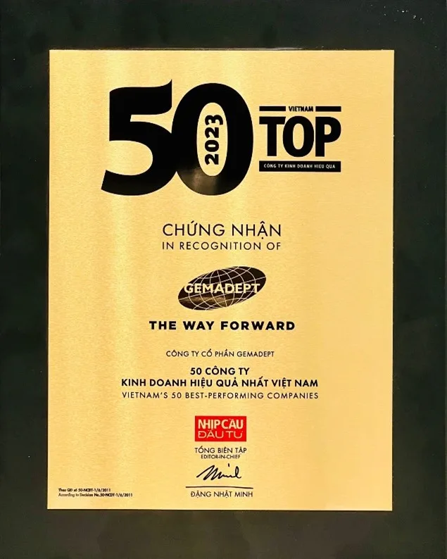 Gemadept vinh dự nằm trong Top 50 Công ty Kinh doanh Hiệu quả nhất Việt Nam 2023
